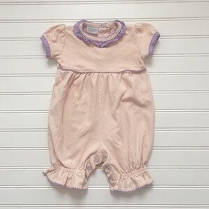 SQUIGGLES EUC 100% Pima Cotton Girls Blush w/ Lavender Ruffles Bubble Romper